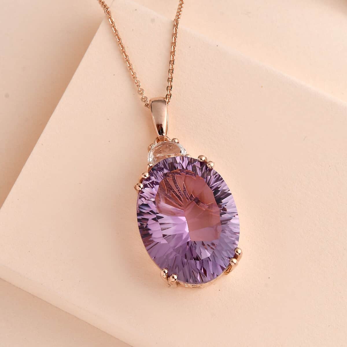 Concave Cut Rose De France Amethyst and White Topaz Pendant Necklace 20 Inches in Vermeil Rose Gold Over Sterling Silver 19.00 ctw image number 1