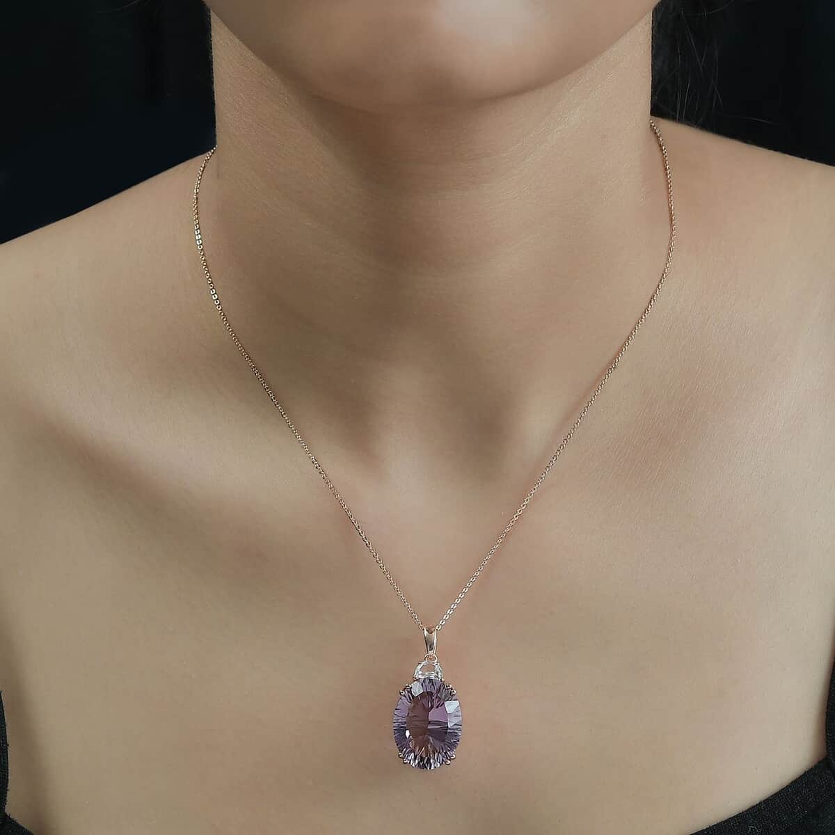 Concave Cut Rose De France Amethyst and White Topaz Pendant Necklace 20 Inches in Vermeil Rose Gold Over Sterling Silver 19.00 ctw image number 2