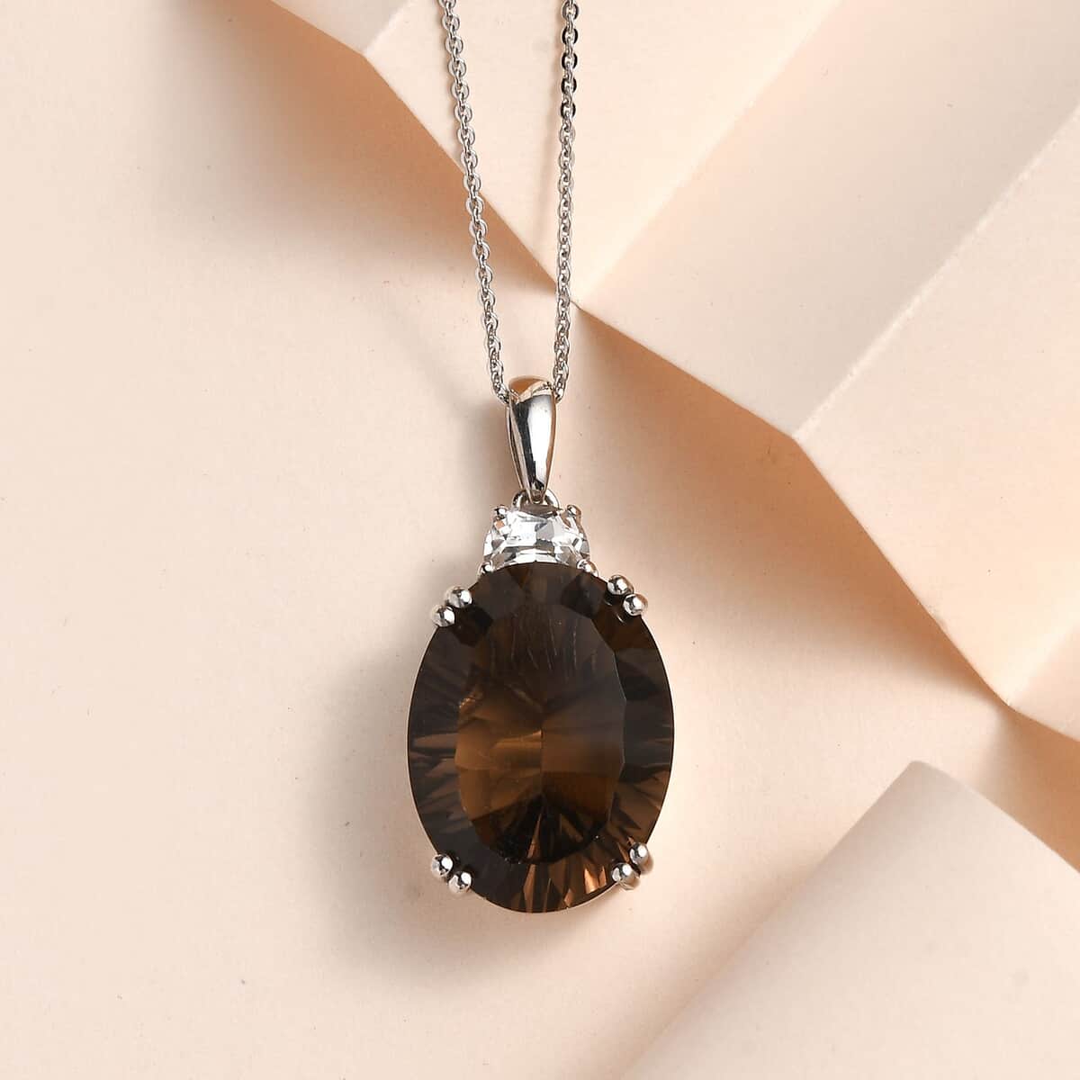 Concave Cut Brazilian Smoky Quartz and White Topaz Pendant Necklace 20 Inches in Platinum Over Sterling Silver 19.00 ctw image number 1
