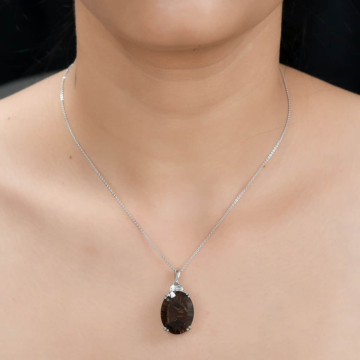 Concave Cut Brazilian Smoky Quartz and White Topaz Pendant Necklace 20 Inches in Platinum Over Sterling Silver 19.00 ctw image number 2