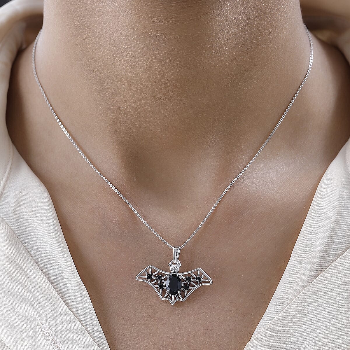 Thai Black Spinel Halloween Bat Pendant Necklace 20 Inches in Platinum Over Sterling Silver 1.85 ctw image number 2