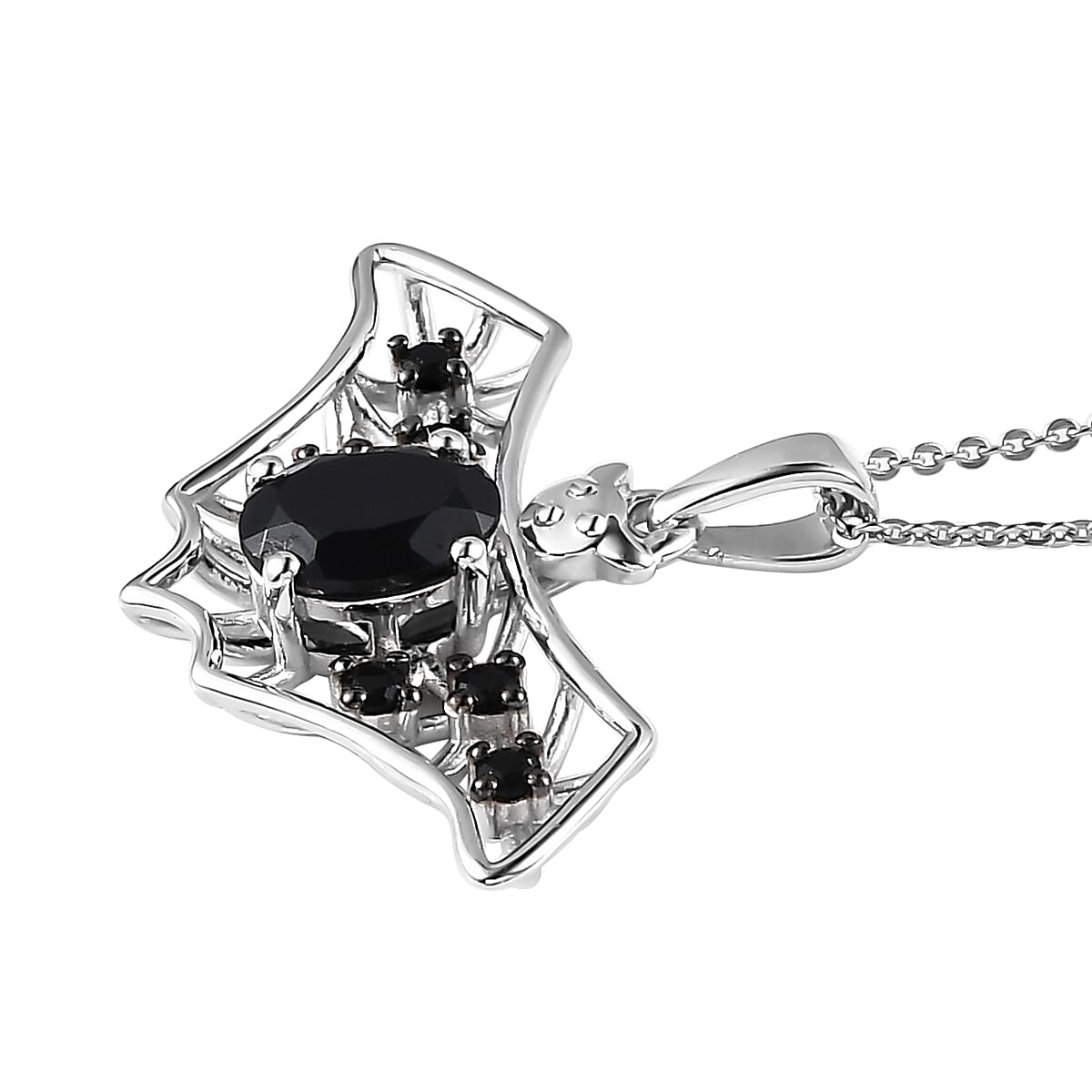 Thai Black Spinel Halloween Bat Pendant Necklace 20 Inches in Platinum Over Sterling Silver 1.85 ctw image number 3