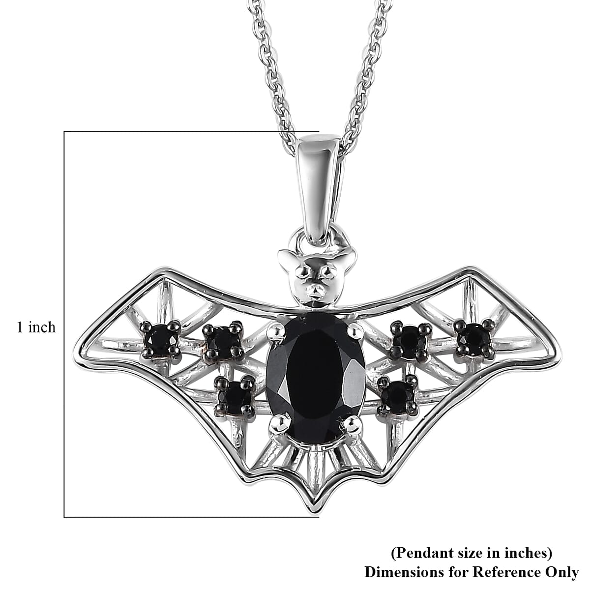 Thai Black Spinel Halloween Bat Pendant Necklace 20 Inches in Platinum Over Sterling Silver 1.85 ctw image number 6