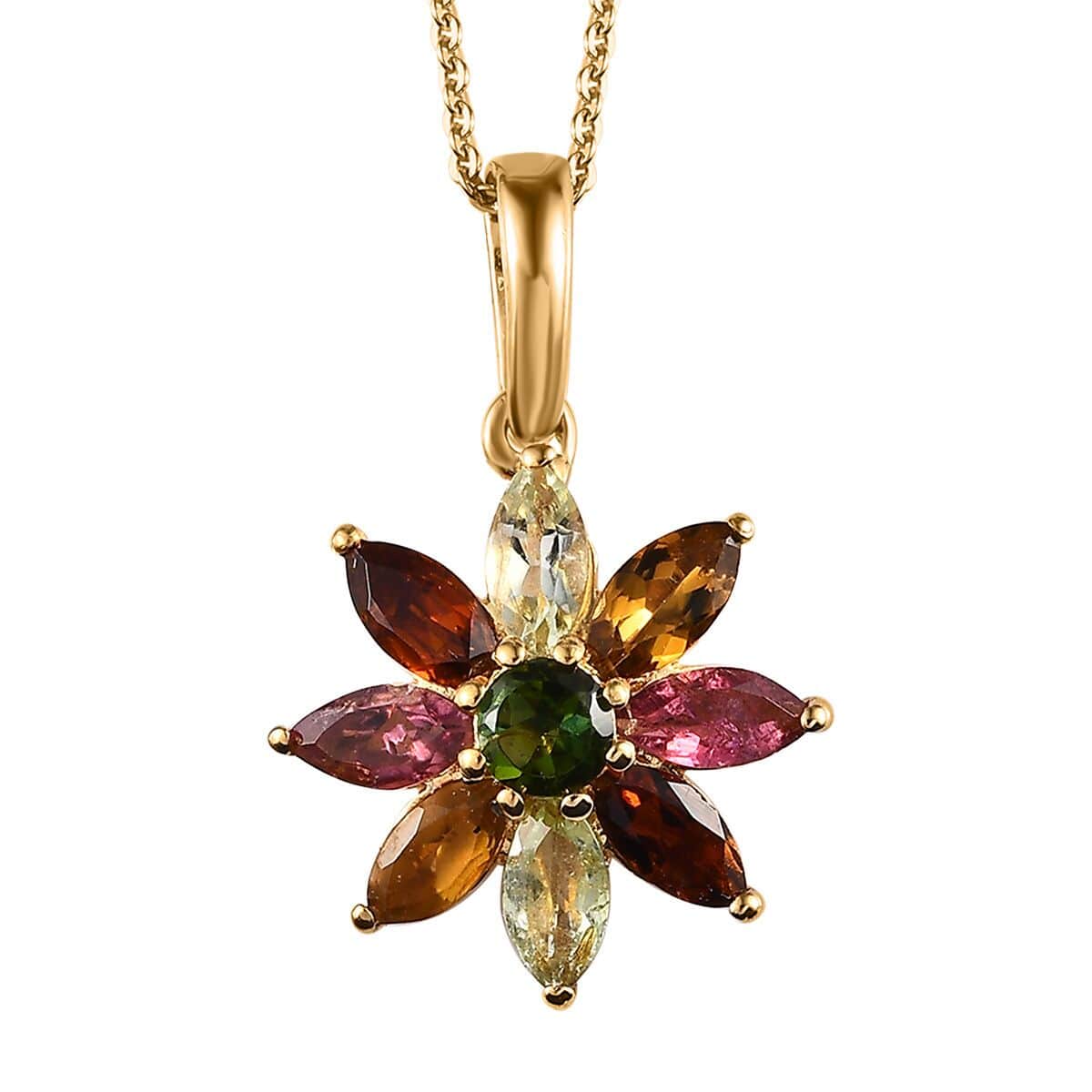 Multi-Tourmaline Floral Pendant Necklace 20 Inches in Vermeil Yellow Gold Over Sterling Silver 2.10 ctw image number 0