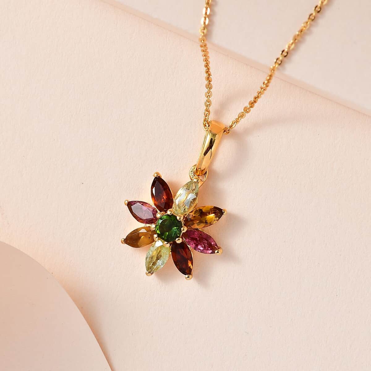 Multi-Tourmaline Floral Pendant Necklace 20 Inches in Vermeil Yellow Gold Over Sterling Silver 2.10 ctw image number 1