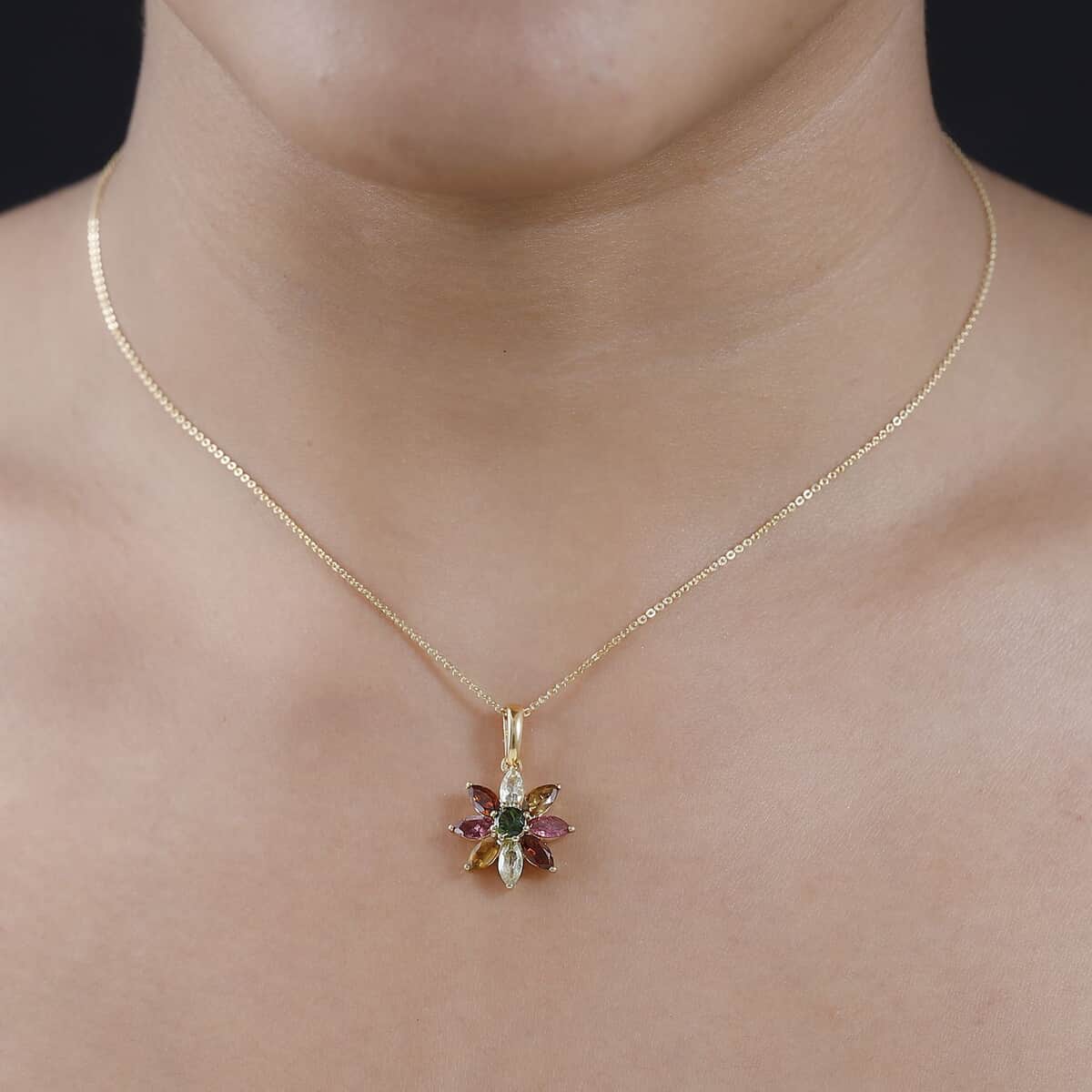 Multi-Tourmaline Floral Pendant Necklace 20 Inches in Vermeil Yellow Gold Over Sterling Silver 2.10 ctw image number 2