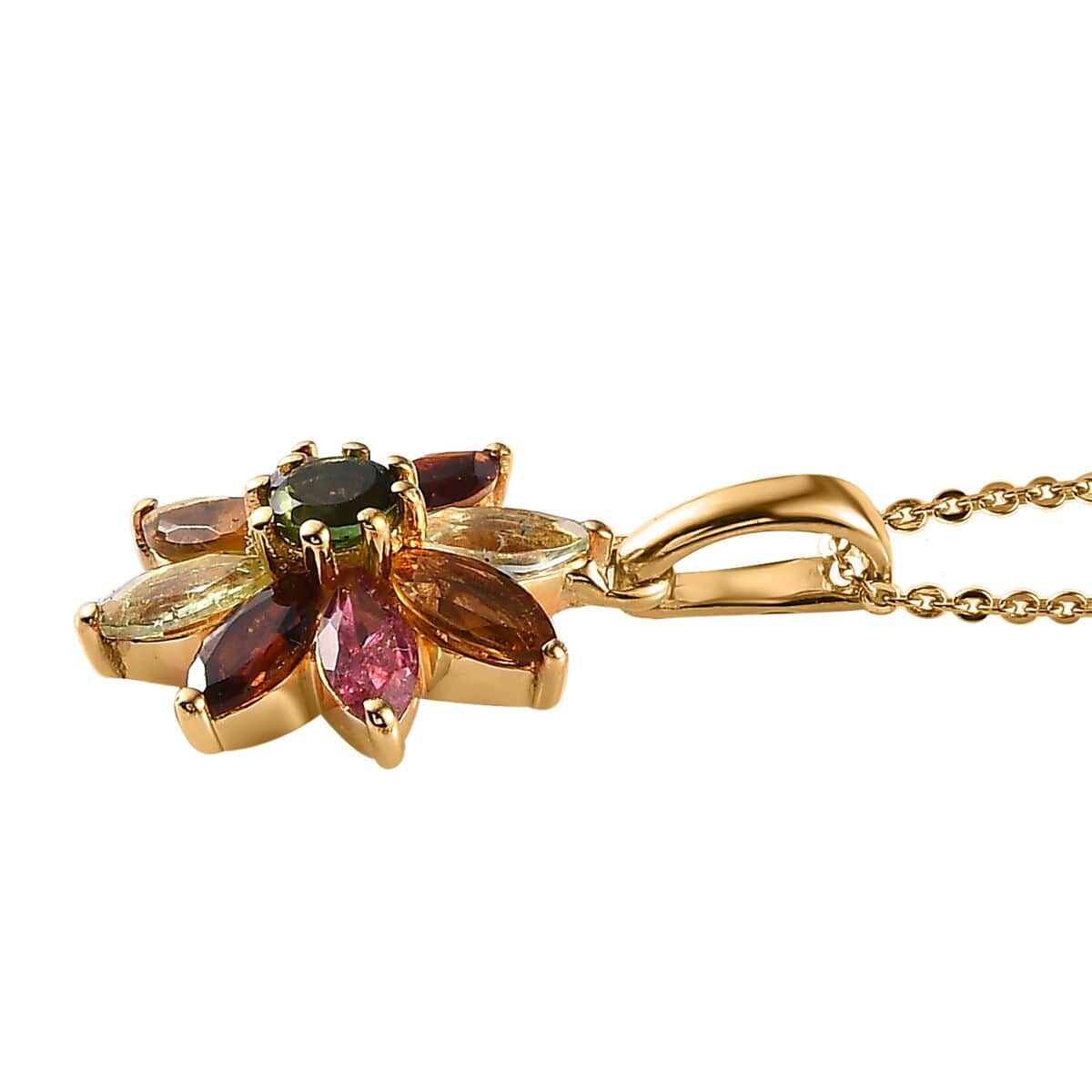 Multi-Tourmaline Floral Pendant Necklace 20 Inches in Vermeil Yellow Gold Over Sterling Silver 2.10 ctw image number 3