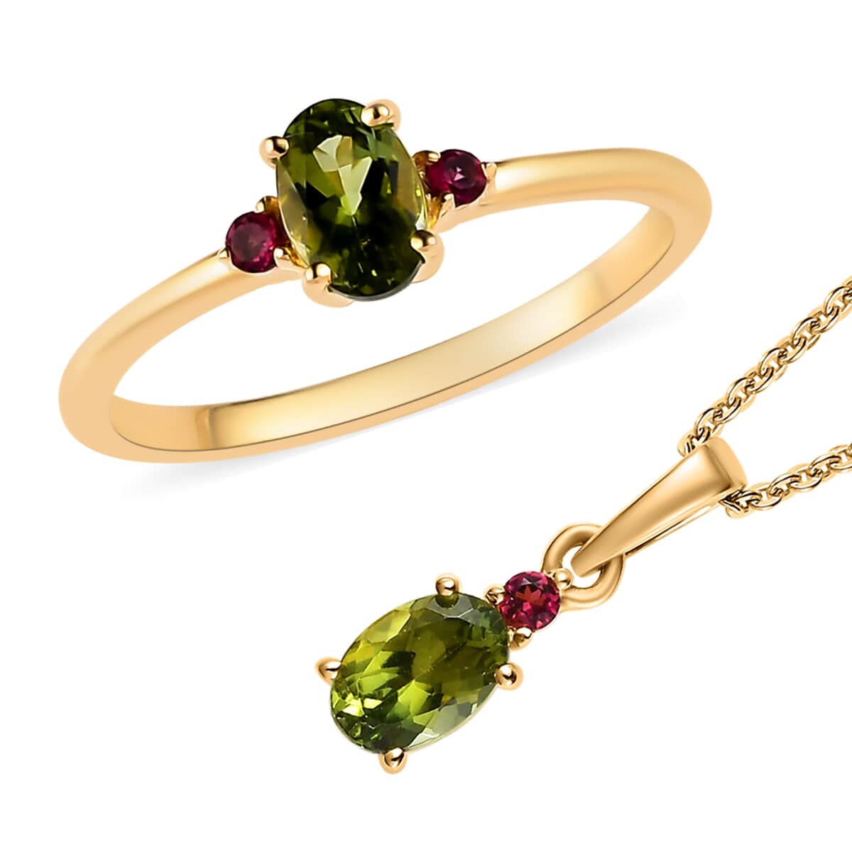 Premium Natural Calabar Green Tourmaline and Ouro Fino Rubellite Ring and Pendant Necklace 20 Inches in Vermeil Yellow Gold Over Sterling Silver 1.00 ctw (Del. in 3-5 Days) image number 0