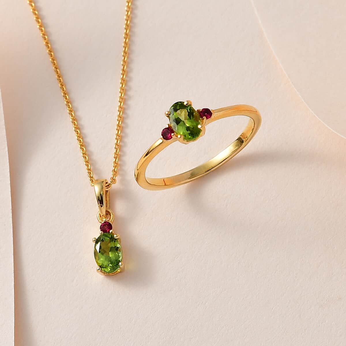 Premium Natural Calabar Green Tourmaline and Ouro Fino Rubellite Ring and Pendant Necklace 20 Inches in Vermeil Yellow Gold Over Sterling Silver 1.00 ctw (Del. in 3-5 Days) image number 1