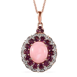 Peruvian Pink Opal and Multi Gemstone Cocktail Pendant Necklace 20 Inches in Vermeil Rose Gold Over Sterling Silver 7.35 ctw