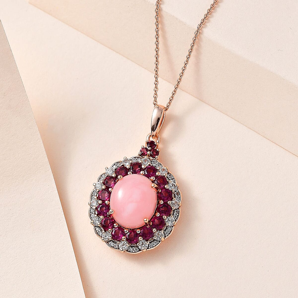 Peruvian Pink Opal and Multi Gemstone Cocktail Pendant Necklace 20 Inches in Vermeil Rose Gold Over Sterling Silver 7.35 ctw image number 1