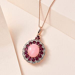 Peruvian Pink Opal and Multi Gemstone Cocktail Pendant Necklace 20 Inches in Vermeil Rose Gold Over Sterling Silver 7.35 ctw