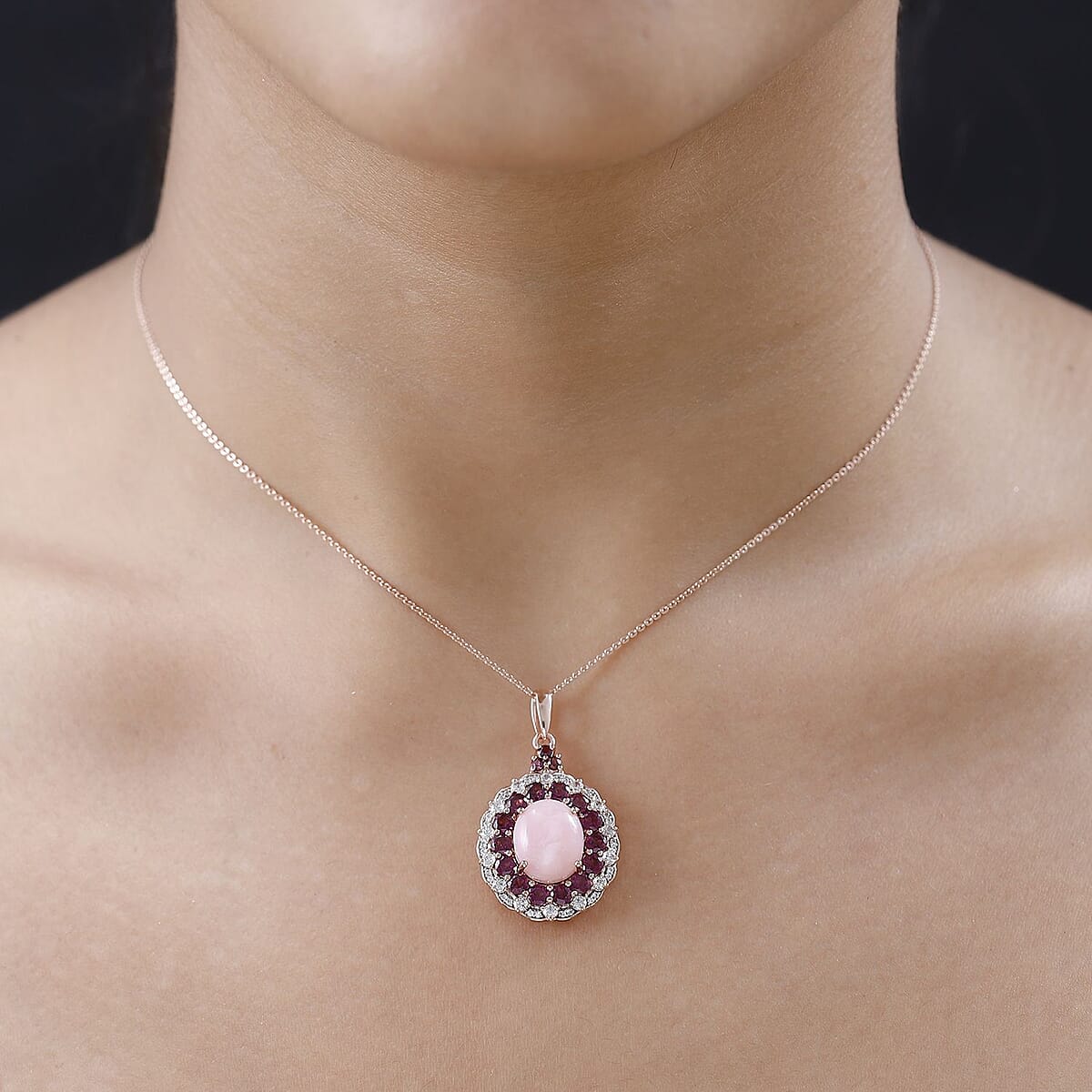 Peruvian Pink Opal and Multi Gemstone Cocktail Pendant Necklace 20 Inches in Vermeil Rose Gold Over Sterling Silver 7.35 ctw image number 2