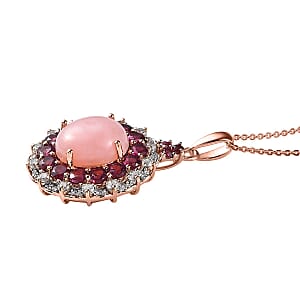 Peruvian Pink Opal and Multi Gemstone Cocktail Pendant Necklace 20 Inches in Vermeil Rose Gold Over Sterling Silver 7.35 ctw