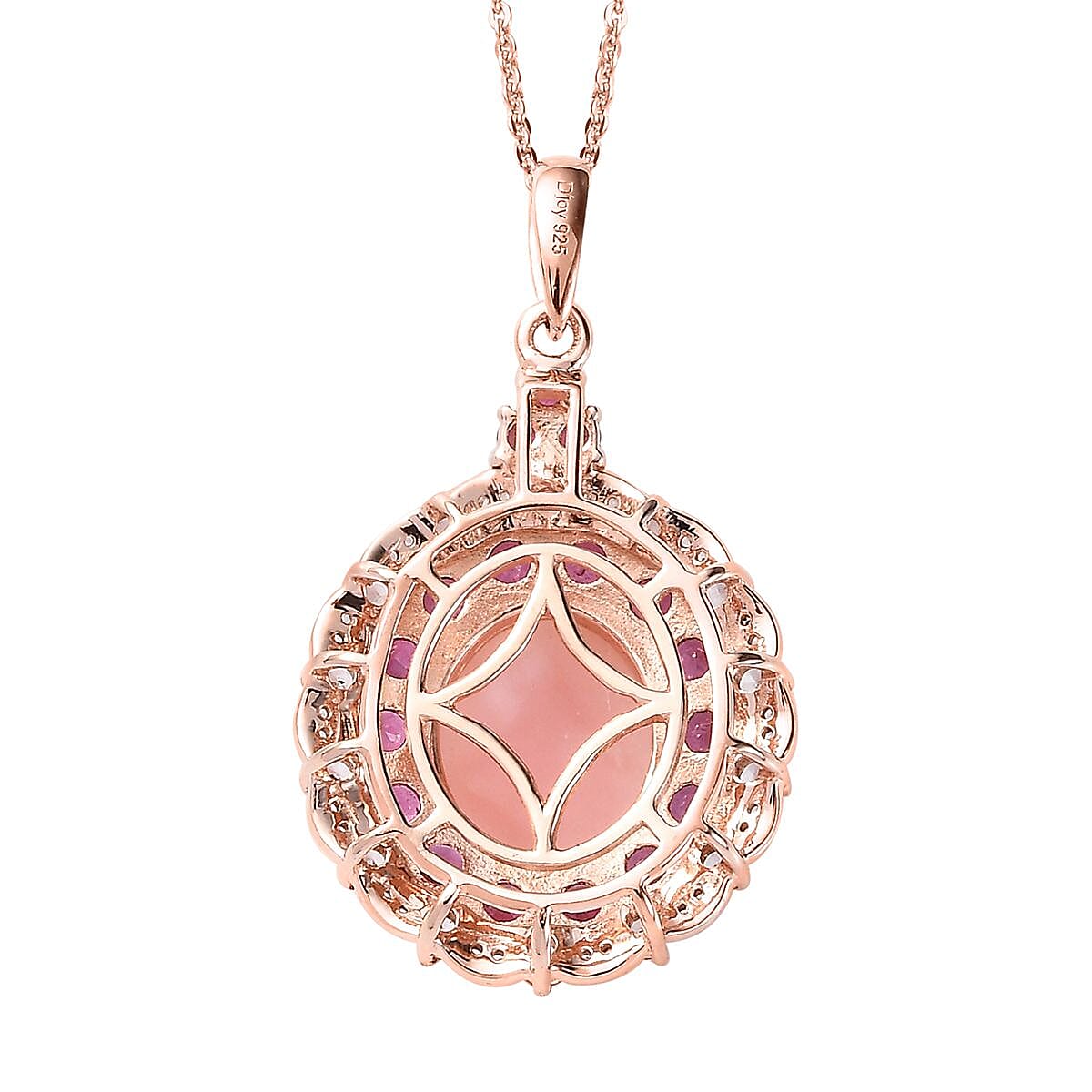 Peruvian Pink Opal and Multi Gemstone Cocktail Pendant Necklace 20 Inches in Vermeil Rose Gold Over Sterling Silver 7.35 ctw