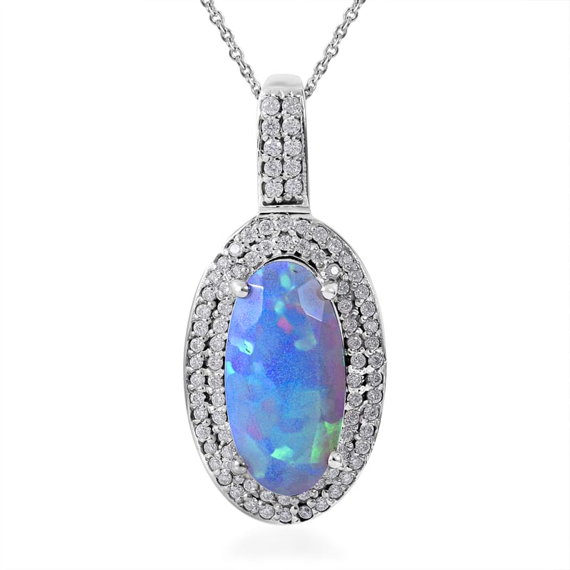AAA Ethiopian Welo Opal and Moissanite Double Halo Pendant Necklace 18 Inches in Platinum Over Sterling Silver 3.65 ctw