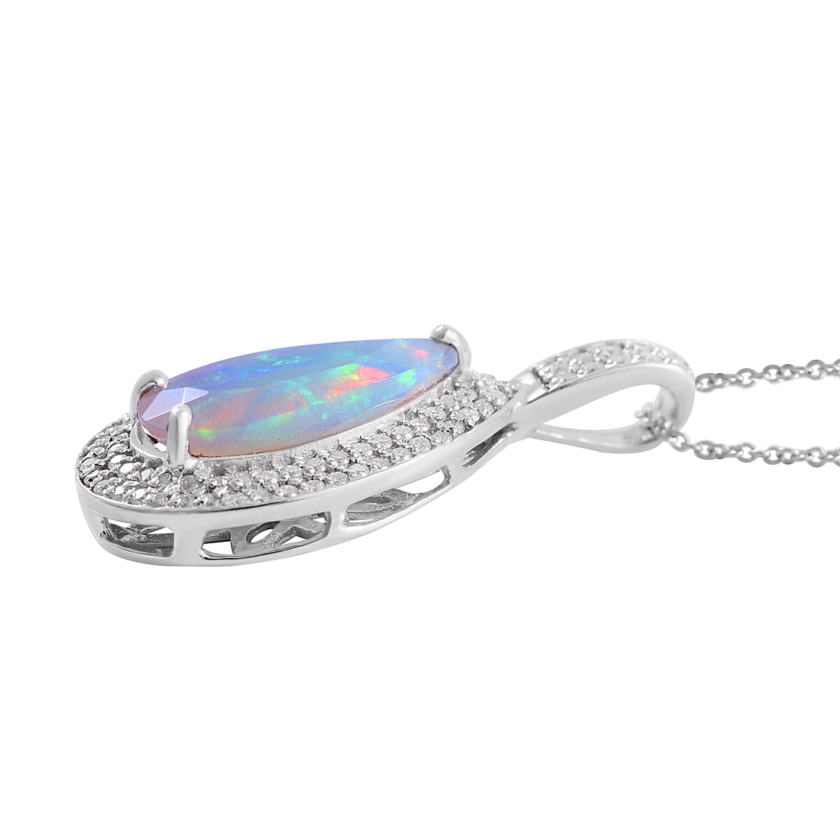 AAA Ethiopian Welo Opal and Moissanite Double Halo Pendant Necklace 18 Inches in Platinum Over Sterling Silver 3.20 ctw image number 2