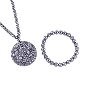 Terahertz Carved 333.00 ctw Phoenix Pendant with Beaded Necklace and Stretch Bracelet in Rhodium Over Sterling Silver 20 Inches