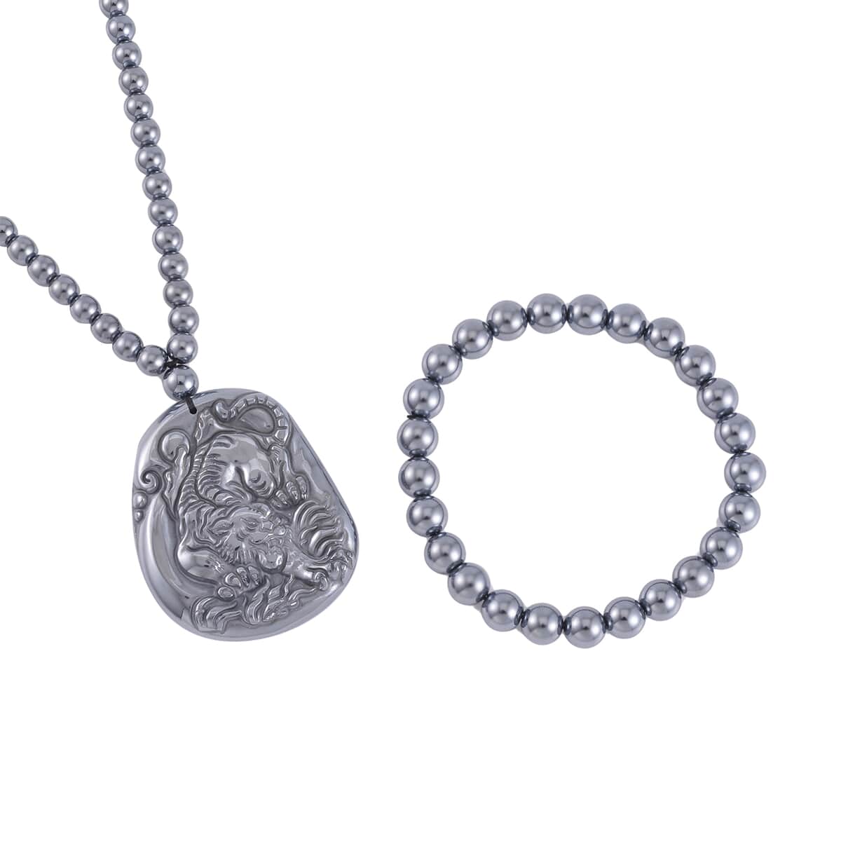 Terahertz Carved 308.00 ctw Tiger Pendant with Beaded Necklace and Stretch Bracelet in Rhodium Over Sterling Silver 20 Inches image number 0