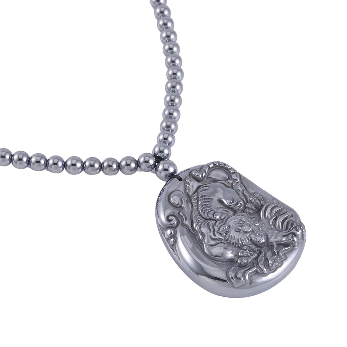 Terahertz Carved 308.00 ctw Tiger Pendant with Beaded Necklace and Stretch Bracelet in Rhodium Over Sterling Silver 20 Inches image number 4