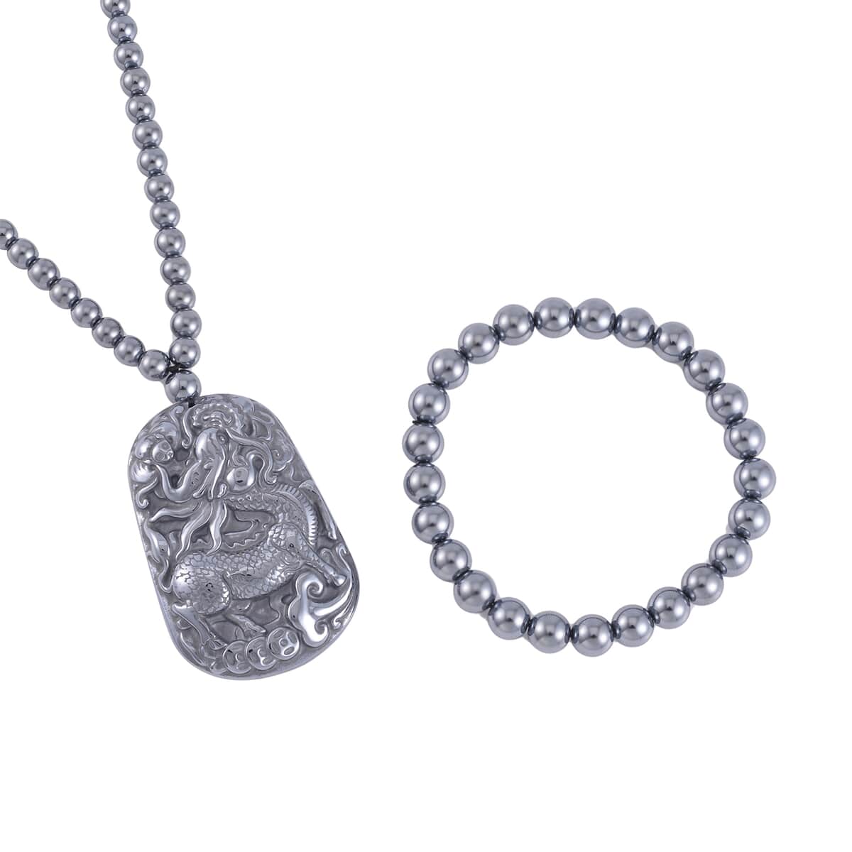 Terahertz Carved 383.00 ctw Qilin Pendant with Beaded Necklace and Stretch Bracelet in Rhodium Over Sterling Silver 20 Inches image number 0
