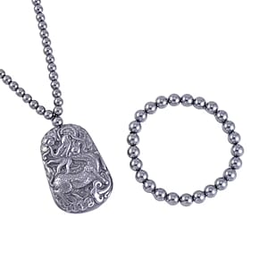 Terahertz Carved 383.00 ctw Qilin Pendant with Beaded Necklace and Stretch Bracelet in Rhodium Over Sterling Silver 20 Inches