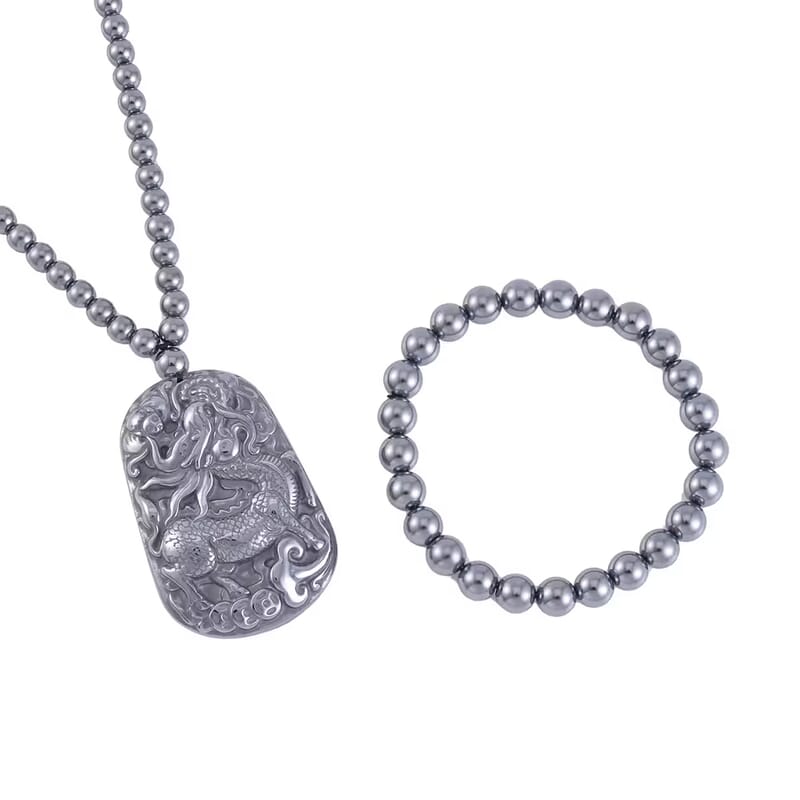 Terahertz Carved 383.00 ctw Qilin Pendant with Beaded Necklace and Stretch Bracelet in Rhodium Over Sterling Silver 20 Inches