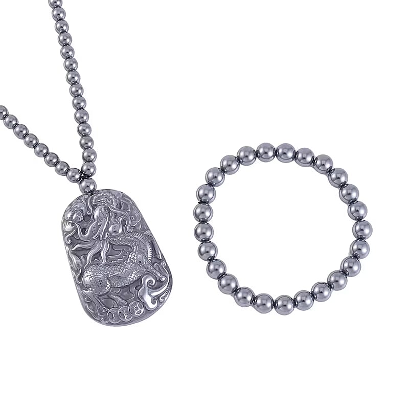 Terahertz Carved 383.00 ctw Qilin Pendant with Beaded Necklace and Stretch Bracelet in Rhodium Over Sterling Silver 20 Inches