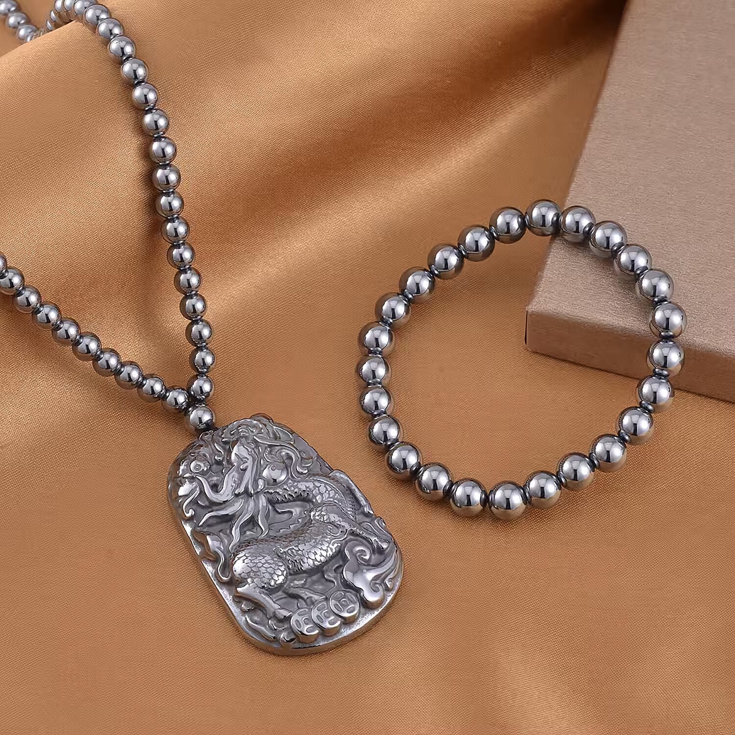 Terahertz Carved 383.00 ctw Qilin Pendant with Beaded Necklace and Stretch Bracelet in Rhodium Over Sterling Silver 20 Inches