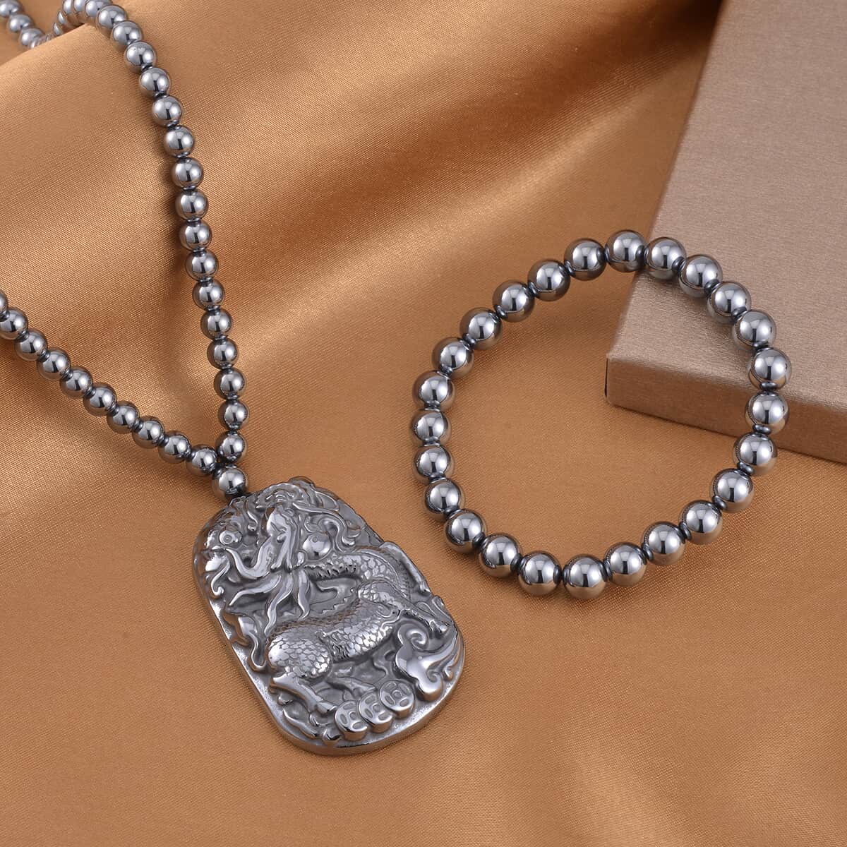 Terahertz Carved 383.00 ctw Qilin Pendant with Beaded Necklace and Stretch Bracelet in Rhodium Over Sterling Silver 20 Inches image number 1