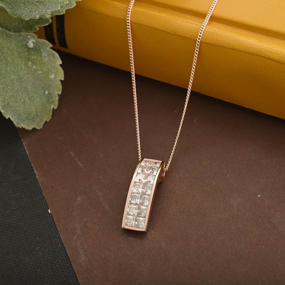 Moissanite Invisible Set Bar Pendant Necklace 18 Inches in Vermeil Rose Gold Over Sterling Silver 2.25 ctw image number 1