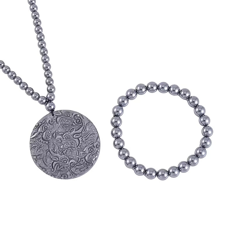 Terahertz 333.00 ctw Carved Dragon Pendant with Beaded Necklace and Stretch Bracelet in Rhodium Over Sterling Silver 20 Inches