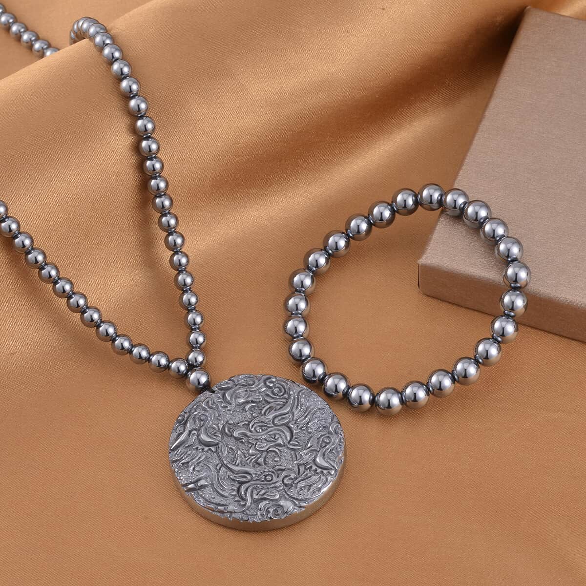 Terahertz 333.00 ctw Carved Dragon Pendant with Beaded Necklace and Stretch Bracelet in Rhodium Over Sterling Silver 20 Inches image number 1