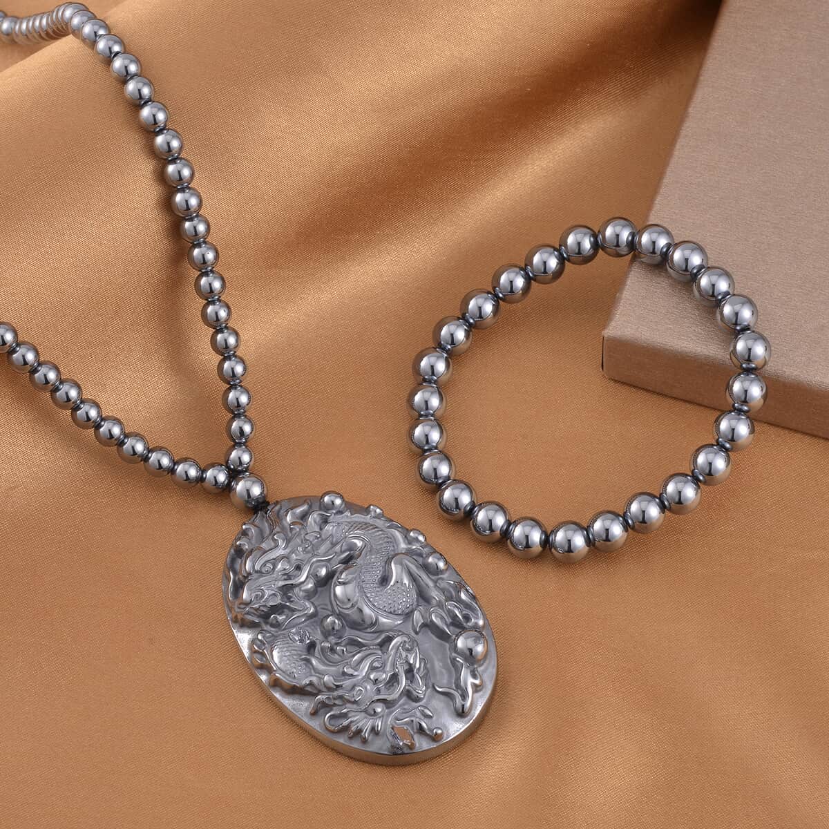 Terahertz 333.00 ctw Carved Dragon Pendant with Beaded Necklace and Stretch Bracelet in Rhodium Over Sterling Silver 20 Inches image number 1