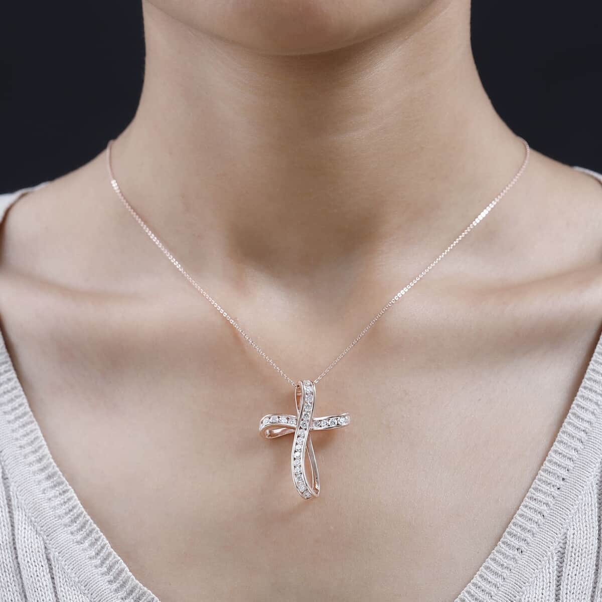 Moissanite Cross Pendant Necklace 18 Inches in Vermeil Rose Gold Over Sterling Silver 1.50 ctw image number 2