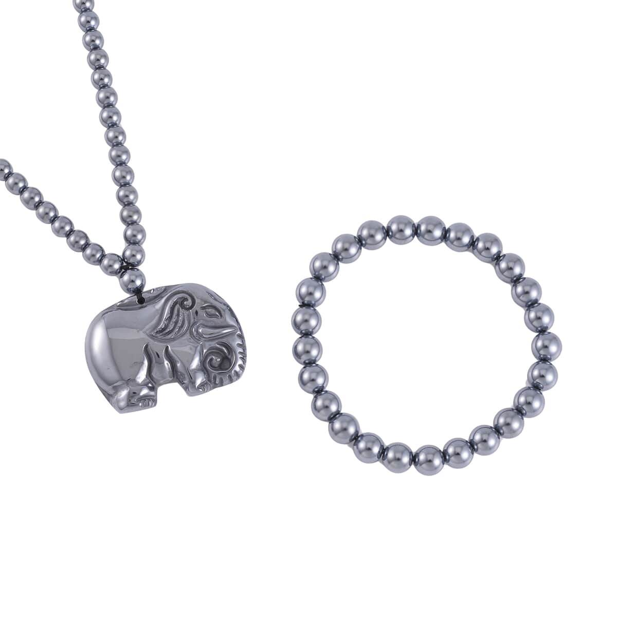 Terahertz 293.00 ctw Carved Elephant Pendant with Beaded Necklace and Stretch Bracelet in Rhodium Over Sterling Silver 20 Inches image number 0