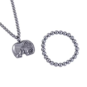Terahertz 293.00 ctw Carved Elephant Pendant with Beaded Necklace and Stretch Bracelet in Rhodium Over Sterling Silver 20 Inches