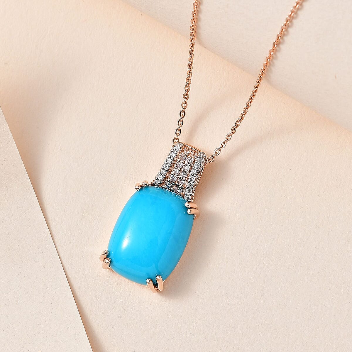 Sleeping Beauty Turquoise and Moissanite, Natural Pink Diamond Pendant Necklace 18 Inches in Vermeil Rose Gold Over Sterling Silver 7.40 ctw image number 1