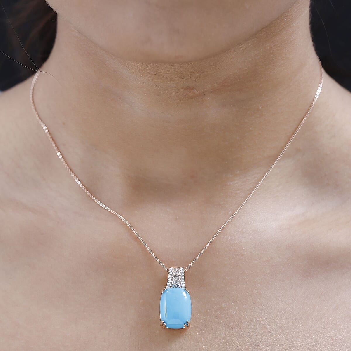 Sleeping Beauty Turquoise and Moissanite, Natural Pink Diamond Pendant Necklace 18 Inches in Vermeil Rose Gold Over Sterling Silver 7.40 ctw image number 2