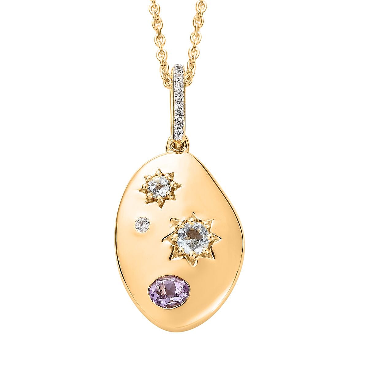 Rose De France Amethyst and Multi Gemstone Celestial Medallion Nugget Pendant Necklace 20 Inches in Vermeil Yellow Gold Over Sterling Silver 1.10 ctw