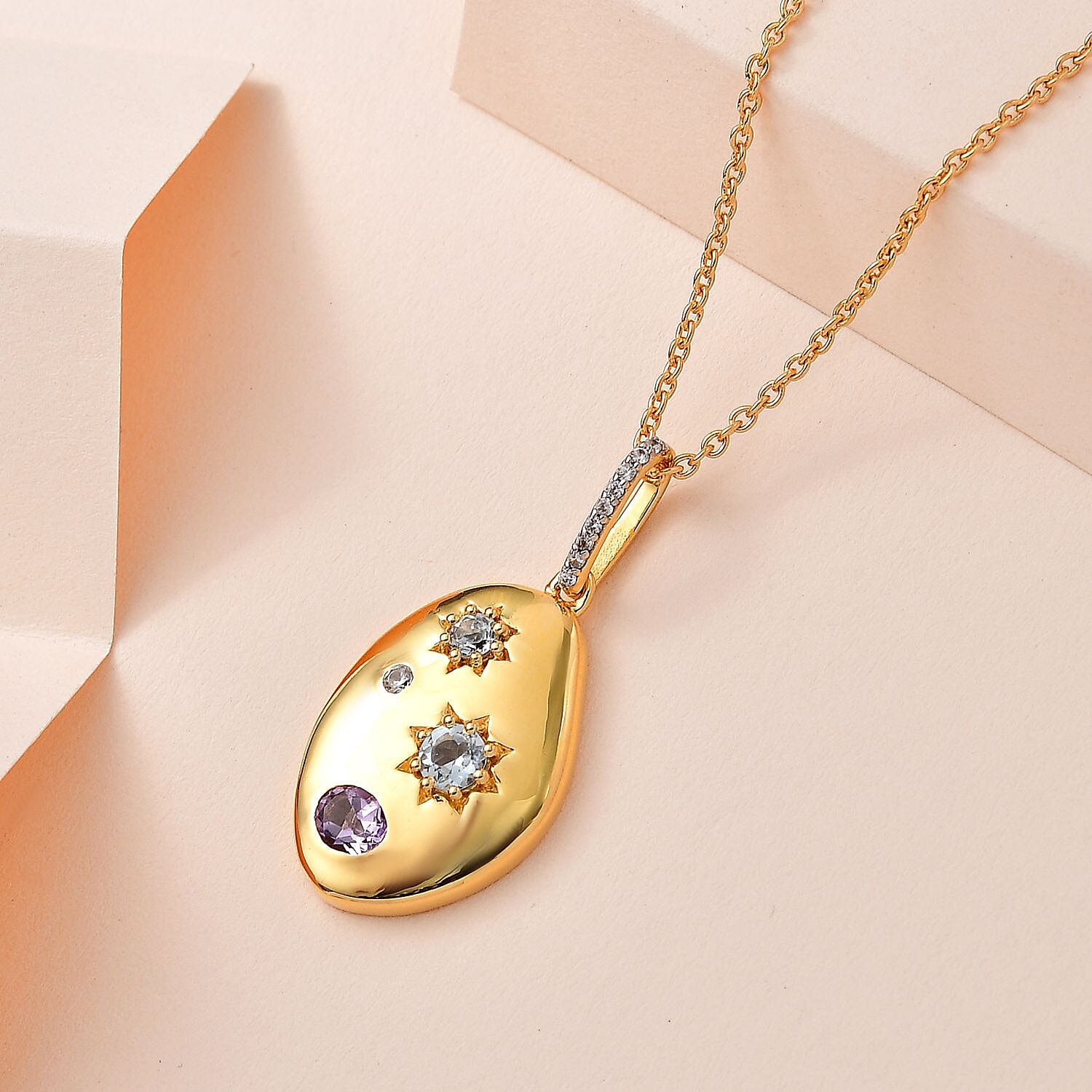 Rose De France Amethyst and Multi Gemstone Celestial Medallion Nugget Pendant Necklace 20 Inches in Vermeil Yellow Gold Over Sterling Silver 1.10 ctw