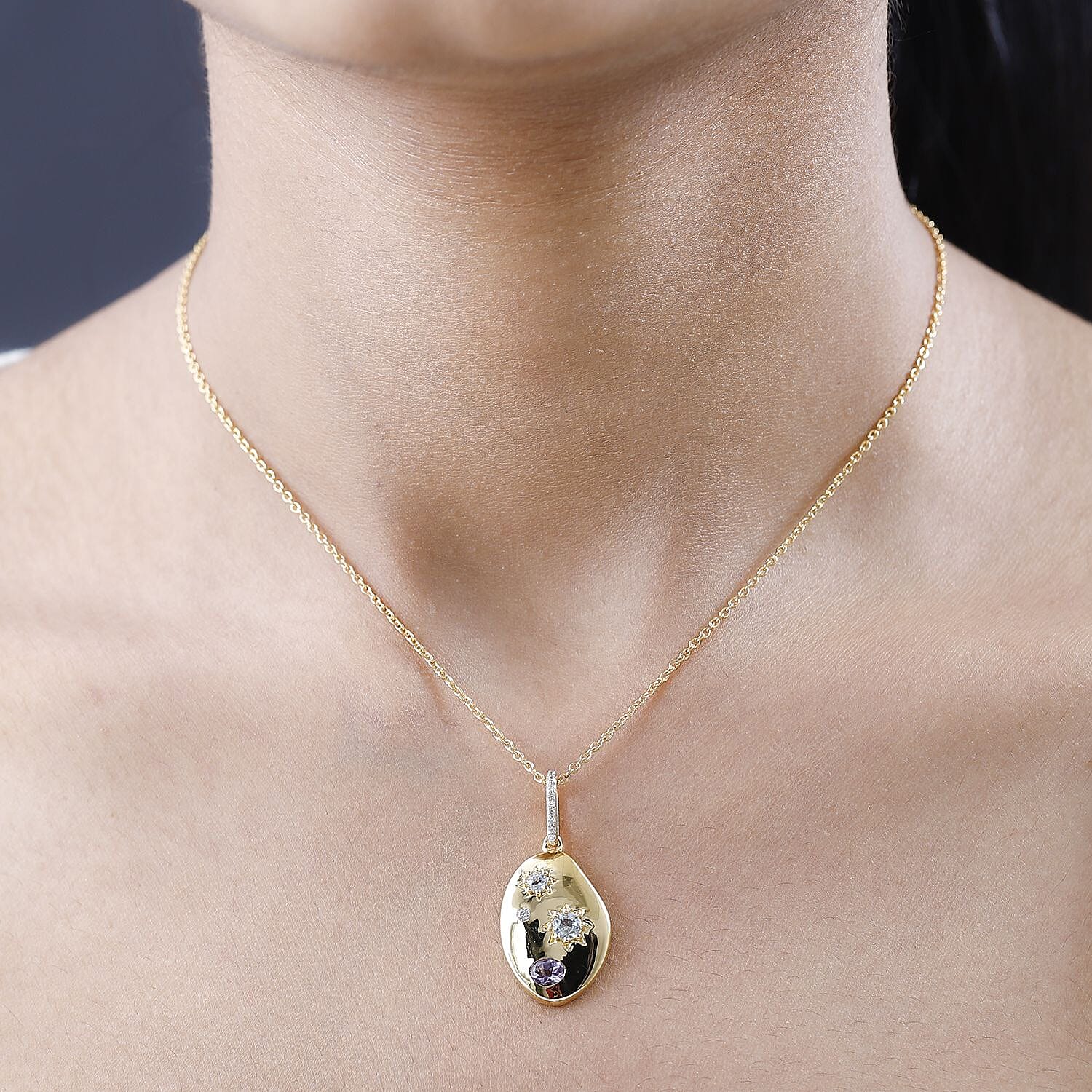 Rose De France Amethyst and Multi Gemstone Celestial Medallion Nugget Pendant Necklace 20 Inches in Vermeil Yellow Gold Over Sterling Silver 1.10 ctw
