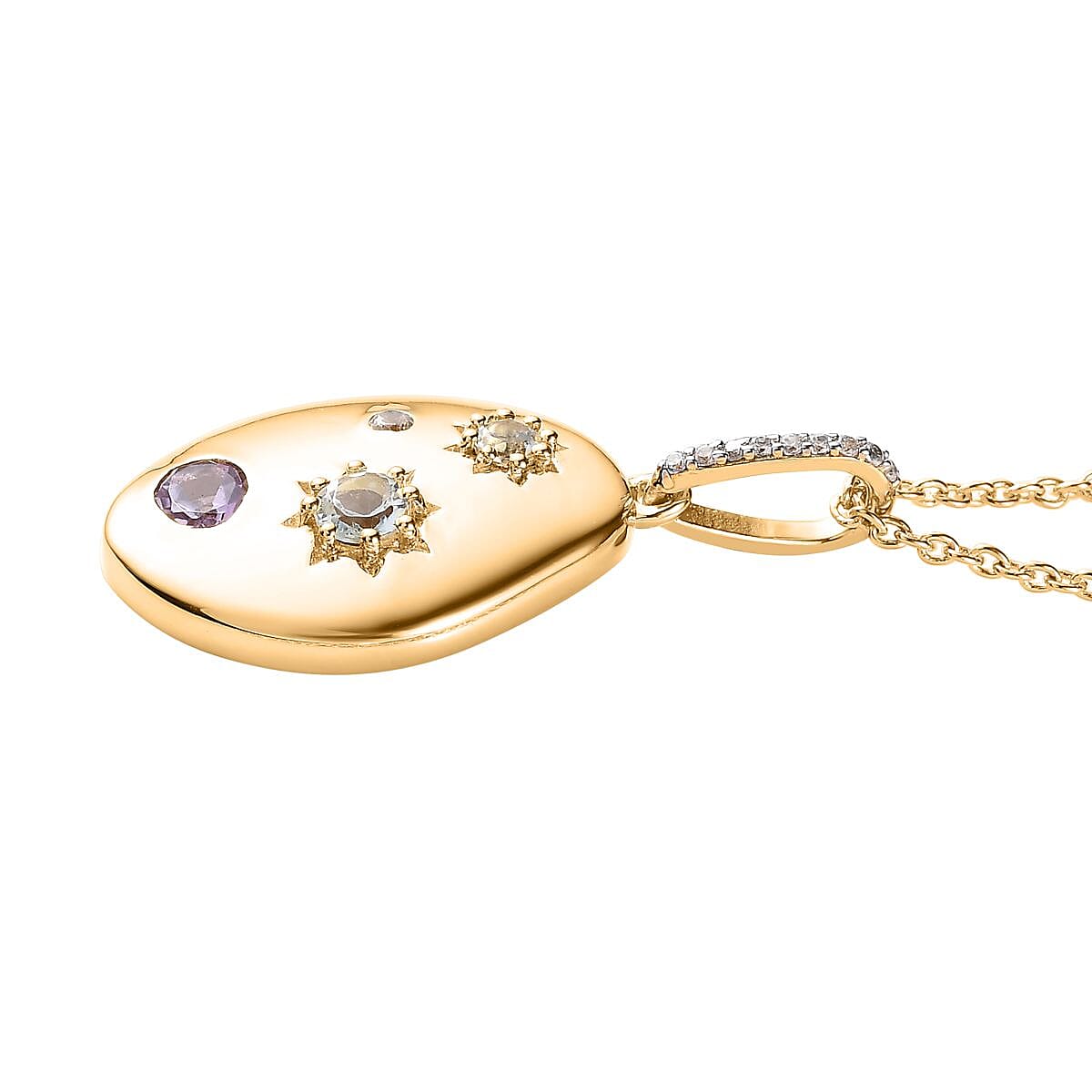 Rose De France Amethyst and Multi Gemstone Celestial Medallion Nugget Pendant Necklace 20 Inches in Vermeil Yellow Gold Over Sterling Silver 1.10 ctw