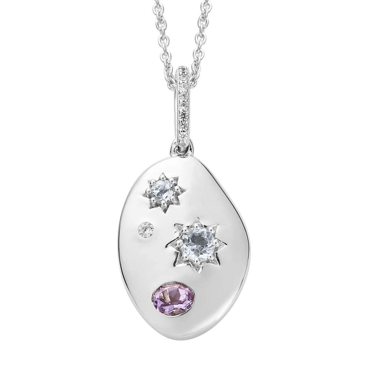 Premium Rose De France Amethyst and Multi Gemstone Celestial Medallion Nugget Pendant Necklace 20 Inches in Platinum Over Sterling Silver 1.10 ctw image number 0