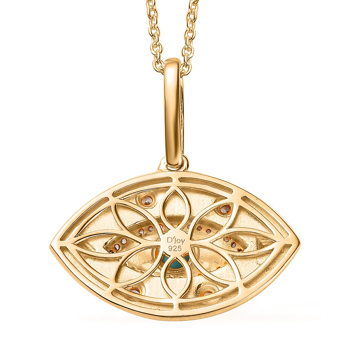 Sleeping Beauty Turquoise and White Zircon Evil Eye Protector Celestial Medallion Pendant Necklace 20 Inches in Vermeil Yellow Gold Over Sterling Silver 0.70 ctw