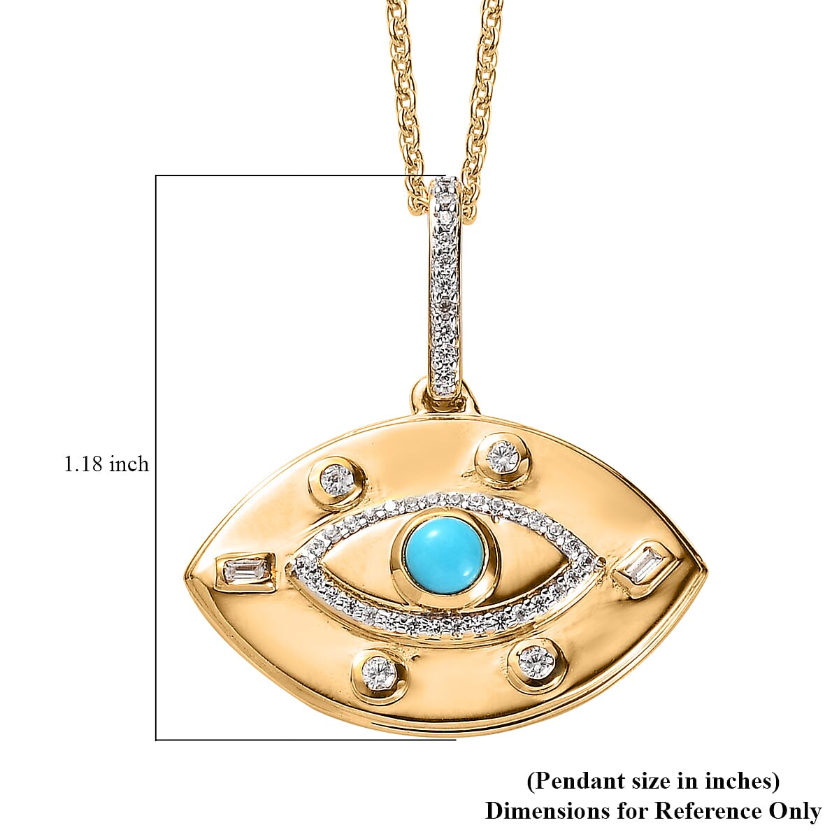 Sleeping Beauty Turquoise and White Zircon Evil Eye Protector Celestial Medallion Pendant Necklace 20 Inches in Vermeil Yellow Gold Over Sterling Silver 0.70 ctw