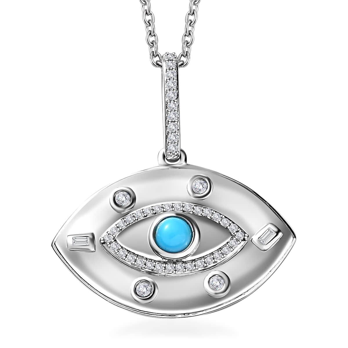 Sleeping Beauty Turquoise and White Zircon Evil Eye Protector Celestial Medallion Pendant Necklace 20 Inches in Platinum Over Sterling Silver 0.70 ctw image number 0