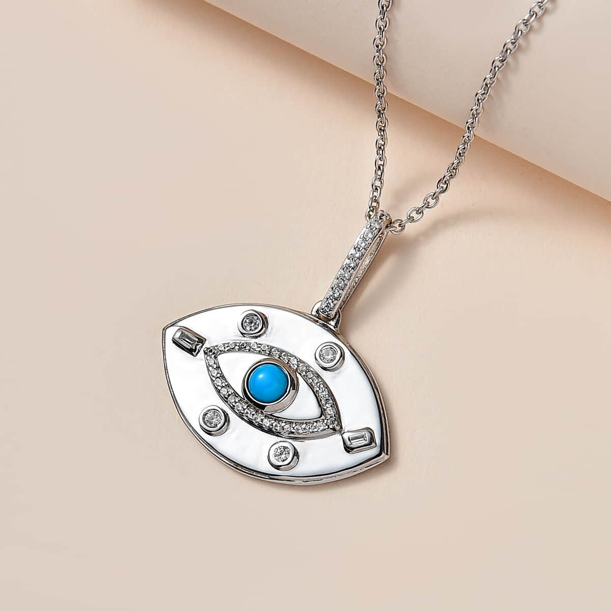 Sleeping Beauty Turquoise and White Zircon Evil Eye Protector Celestial Medallion Pendant Necklace 20 Inches in Platinum Over Sterling Silver 0.70 ctw image number 1