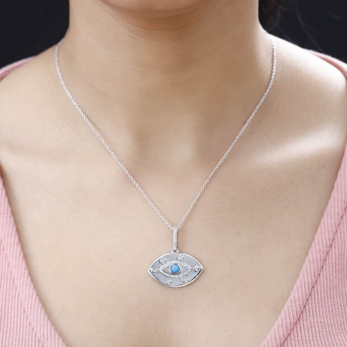 Sleeping Beauty Turquoise and White Zircon Evil Eye Protector Celestial Medallion Pendant Necklace 20 Inches in Platinum Over Sterling Silver 0.70 ctw image number 2