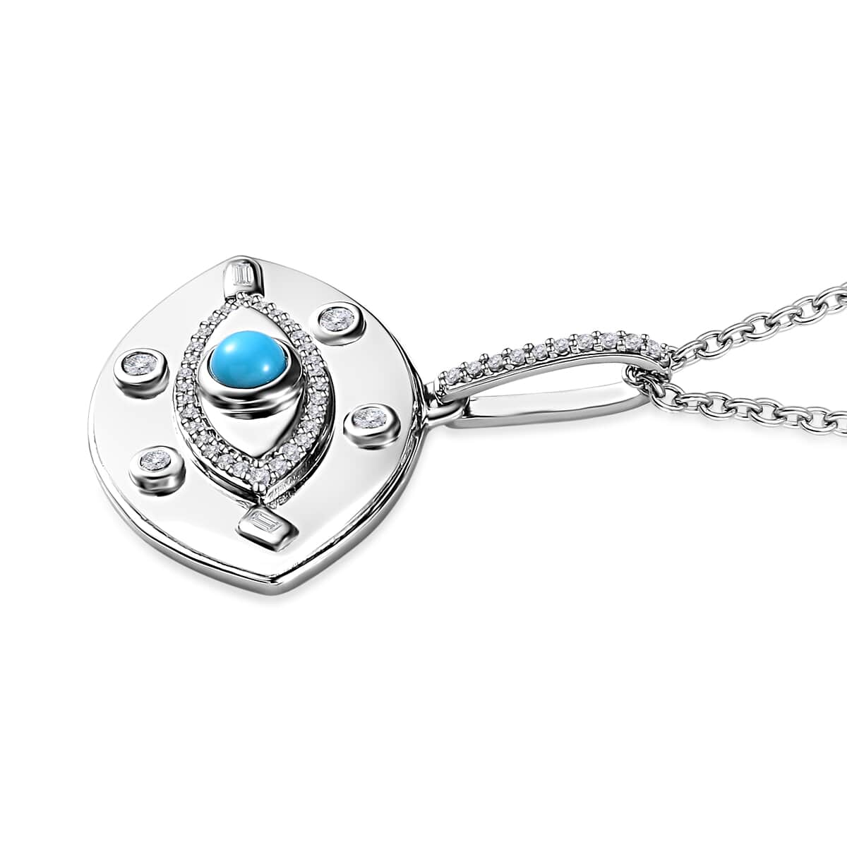 Sleeping Beauty Turquoise and White Zircon Evil Eye Protector Celestial Medallion Pendant Necklace 20 Inches in Platinum Over Sterling Silver 0.70 ctw image number 3